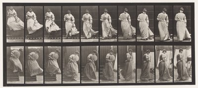 Płyta 142. Zstępujące schody, Złapana obracająca się suknia, 1885 autorstwa Eadweard Muybridge