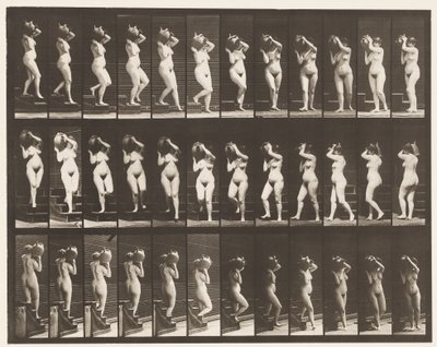 Płyta 147. Schody schodzące; Obracanie słoika z wodą na prawym ramieniu, 1872-1885 autorstwa Eadweard Muybridge
