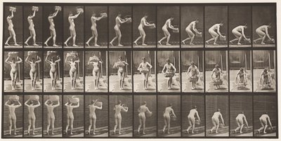 Płyta 201. Zabieranie 12-funtowego kosza z głowy, stawianie go na ziemi, 1872-1885 autorstwa Eadweard Muybridge