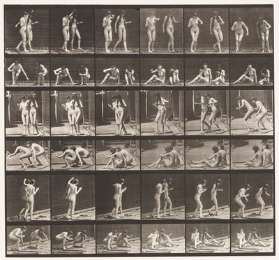 Tabliczka 245. Dwa modele kręcące się wokół, siedzące na ziemi autorstwa Eadweard Muybridge