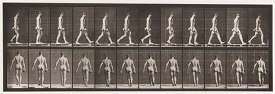 Płyta 28. Chodzenie, niosąc 50-funtowy dzwonek w prawej ręce, 1872-1885 autorstwa Eadweard Muybridge