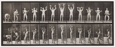 Płytka 322. Podnoszenie i opuszczanie dwóch 50-funtowych hantle autorstwa Eadweard Muybridge