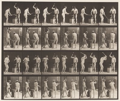 Tabliczka 377. Kowal, Dwa modele, Młotek na Advil, 1872-1885 autorstwa Eadweard Muybridge