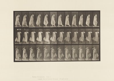 Płyta 37. Chodzenie, sukienka trzymająca lewą rękę, prawa ręka przy twarzy, 1872-1885 autorstwa Eadweard Muybridge