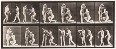 Talerz 452. Dwa modele, 8 klęczących, napoje ze słoika z wodą w dłoniach, 1872-1885 autorstwa Eadweard Muybridge