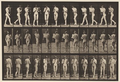 Płyta 46. Chodzenie, flirtowanie z wachlarzem i obracanie się autorstwa Eadweard Muybridge