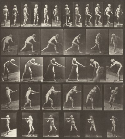 Numer płyty 521. A: Chodzenie. B: Wchodzenie o stopień. C: Rzucanie dyskiem. D: Za pomocą łopaty. E, F: Używanie kilofa autorstwa Eadweard Muybridge