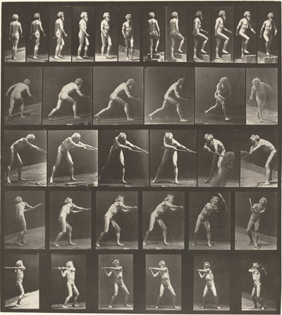 Numer płyty 521. A: Chodzenie. B: Krok wstępujący. C. Dysk do rzucania. D: Za pomocą łopaty. E, F. Korzystanie z pick autorstwa Eadweard Muybridge