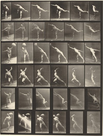 Numer wydawniczy 523. O: Zadanie ciosu. B, E: Dysk do rzucania. C, F: Podnoszenie 75 funtów. złóg. D: Rzucanie piłką autorstwa Eadweard Muybridge