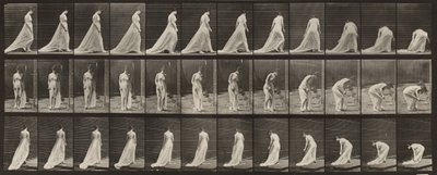 Tablica numer 56. Chodzenie, obracanie się i schylanie się, aby podnieść tren autorstwa Eadweard Muybridge