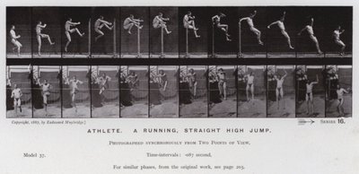 Postać ludzka w ruchu: sportowiec, bieg, prosty skok wzwyż (zdjęcie czarno-białe) autorstwa Eadweard Muybridge