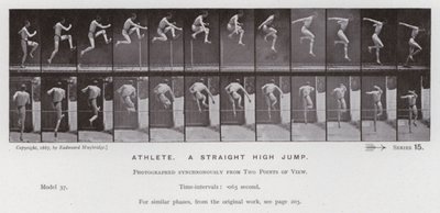 Postać ludzka w ruchu: sportowiec, prosty skok wzwyż (zdjęcie czarno-białe) autorstwa Eadweard Muybridge