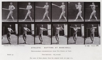 Postać ludzka w ruchu: wysportowany, uderzający w baseball (zdjęcie czarno-białe) autorstwa Eadweard Muybridge