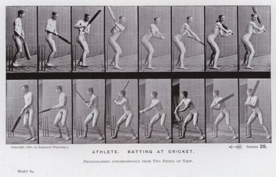 Postać ludzka w ruchu: sportowiec uderzający w krykieta (zdjęcie czarno-białe) autorstwa Eadweard Muybridge
