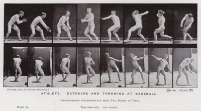 Postać ludzka w ruchu: sportowiec, łapanie i rzucanie w baseball (zdjęcie czarno-białe) autorstwa Eadweard Muybridge