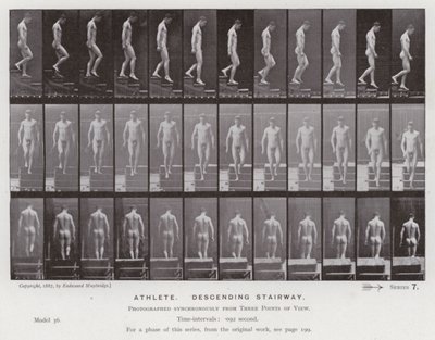 Postać ludzka w ruchu: sportowiec schodzący po schodach (zdjęcie czarno-białe) autorstwa Eadweard Muybridge
