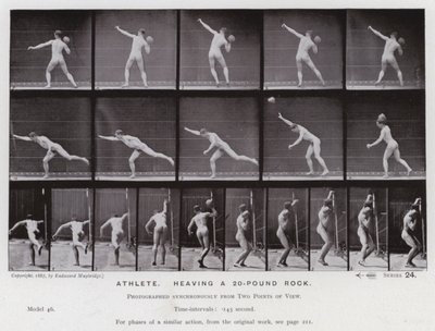 Postać ludzka w ruchu: sportowiec, dźwigający 20-funtowy kamień (zdjęcie czarno-białe) autorstwa Eadweard Muybridge