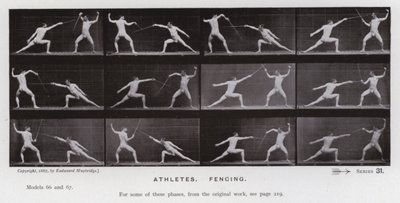 Postać ludzka w ruchu: sportowcy, szermierka (zdjęcie czarno-białe) autorstwa Eadweard Muybridge