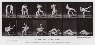Postać ludzka w ruchu: sportowcy, zapasy (zdjęcie czarno-białe) autorstwa Eadweard Muybridge