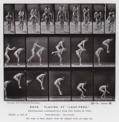 Postać ludzka w ruchu: chłopcy, bawiący się w „Leap-Frog” (zdjęcie czarno-białe) autorstwa Eadweard Muybridge