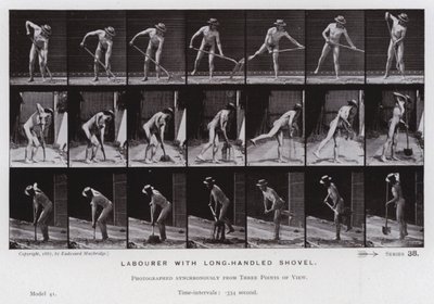 Postać ludzka w ruchu: Robotnik z łopatą z długim trzonkiem (zdjęcie czarno-białe) autorstwa Eadweard Muybridge