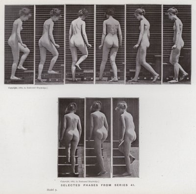 Figura ludzka w ruchu: wybrane fazy z serii 41 (zdjęcie czarno-białe) autorstwa Eadweard Muybridge