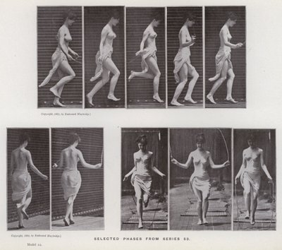 Figura ludzka w ruchu: wybrane fazy z serii 53 (zdjęcie czarno-białe) autorstwa Eadweard Muybridge