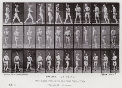 Postać ludzka w ruchu: żołnierz na warcie (zdjęcie czarno-białe) autorstwa Eadweard Muybridge