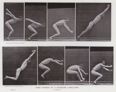 Postać ludzka w ruchu: niektóre fazy skoku w dal z pozycji stojącej (zdjęcie czarno-białe) autorstwa Eadweard Muybridge