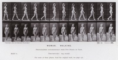 Postać ludzka w ruchu: kobieta, chodzenie (zdjęcie czarno-białe) autorstwa Eadweard Muybridge