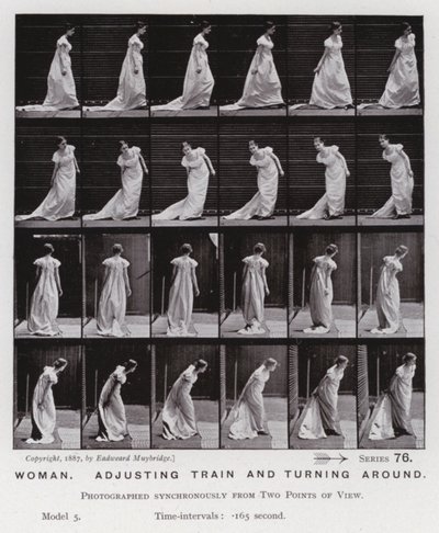 Postać ludzka w ruchu: kobieta, dostosowująca pociąg i obracająca się (zdjęcie czarno-białe) autorstwa Eadweard Muybridge