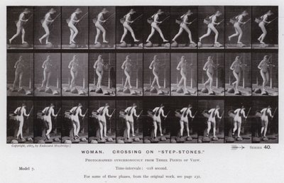 Postać ludzka w ruchu: kobieta, przejście na „stopniach” (zdjęcie czarno-białe) autorstwa Eadweard Muybridge