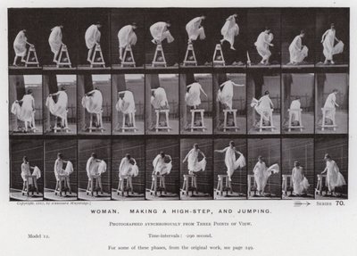 Postać ludzka w ruchu: Kobieta, wykonująca wysoki krok i skacząca (zdjęcie czarno-białe) autorstwa Eadweard Muybridge