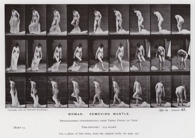 Postać ludzka w ruchu: kobieta, zdejmująca płaszcz (zdjęcie czarno-białe) autorstwa Eadweard Muybridge