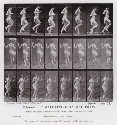 Postać ludzka w ruchu: kobieta, rykoszetująca na jednej nodze (zdjęcie czarno-białe) autorstwa Eadweard Muybridge