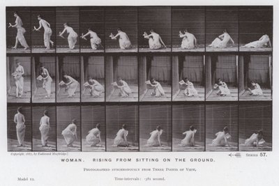 Postać ludzka w ruchu: kobieta wstająca z siedzenia na ziemi (zdjęcie czarno-białe) autorstwa Eadweard Muybridge