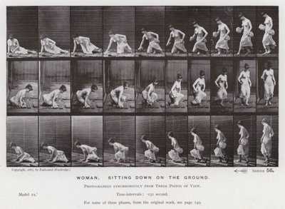 Postać ludzka w ruchu: kobieta siedząca na ziemi (zdjęcie czarno-białe) autorstwa Eadweard Muybridge