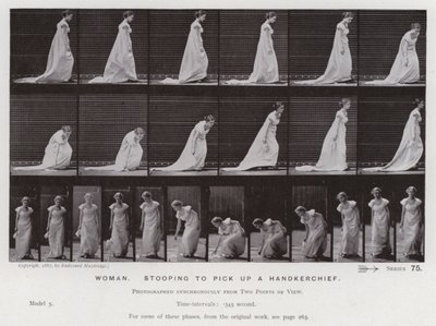 Postać ludzka w ruchu: Kobieta, pochylająca się, by podnieść chusteczkę (zdjęcie czarno-białe) autorstwa Eadweard Muybridge