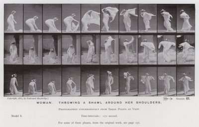 Postać ludzka w ruchu: kobieta zarzuca szal na ramiona (zdjęcie czarno-białe) autorstwa Eadweard Muybridge