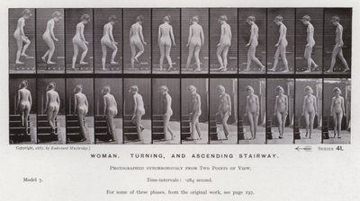 Postać ludzka w ruchu: kobieta, skręcanie i wchodzenie po schodach (zdjęcie czarno-białe) autorstwa Eadweard Muybridge