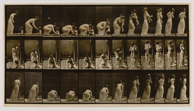 Kobieta podnosząca i niosąca dziecko, z książki Animal Locomotion autorstwa Eadweard Muybridge