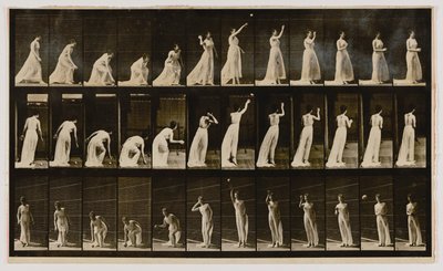 Kobieta podnosząca piłkę i rzucająca nią, z książki Animal Locomotion autorstwa Eadweard Muybridge