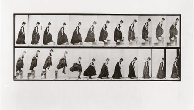 Kobieta wchodząca po schodach i skacząca w dół, płyta 173 z lokomocji zwierzęcej, 1887 autorstwa Eadweard Muybridge