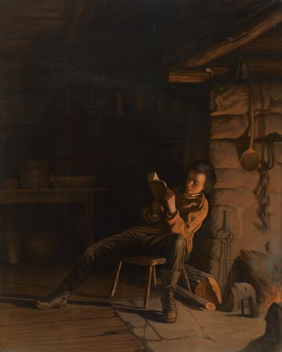 Dzieciństwo Lincolna. (Wieczór w chacie z bali), 1868 (chromolitografia na papierze na płycie) autorstwa Eastman Johnson