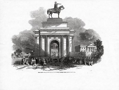 Statua Wielkiego Wellingtona, tak jak wyglądałaby z Constitution Hill, opublikowana w „The Illustrated London News”, 3 października 1846 autorstwa Ebenezer Landells