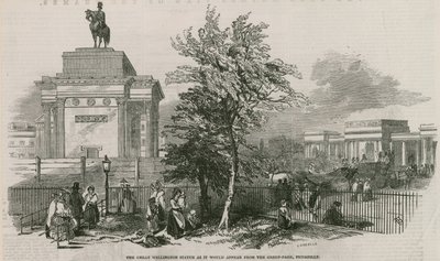 Wielka statua Wellingtona i łuk, jak by wyglądał z Green Park, Piccadilly autorstwa Ebenezer Landells