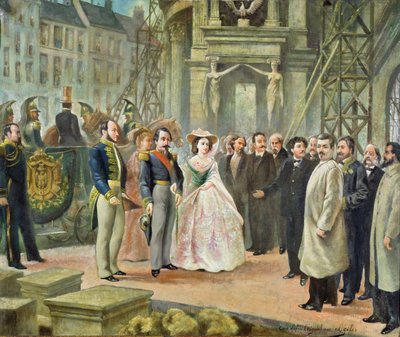 Baron Georges-Eugene Haussmann (1809-91) Napoleon III (1808-73) i Cesarzowa Eugenia (1826-1920) Z wizytą u robotników w operze autorstwa Ed. Gilis