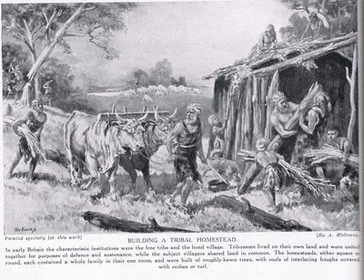 Budowa plemiennej zagrody, ilustracja z „Historii narodów Hutchinsona”, ok. 1910 r. autorstwa Edgar Alfred Holloway