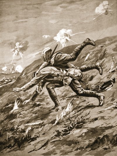Sierżant Hall pada śmiertelnie ranny, próbując ratować rannego towarzysza autorstwa Edgar Alfred Holloway