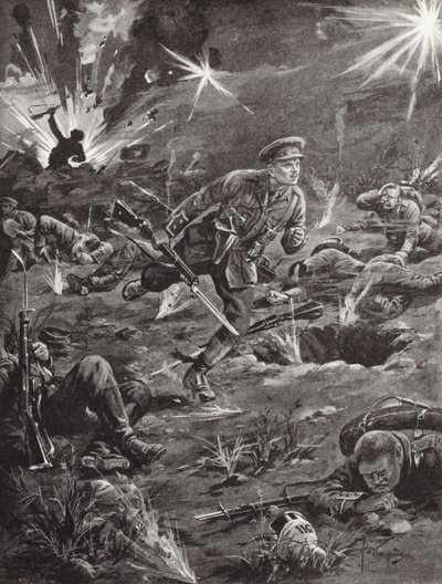 Porucznik Benjamin Geary spieszący pod ciężkim ostrzałem artyleryjskim do rowu po prawej stronie wzgórza 60, aby skontaktować się z oficerem, Ypres, Belgia, kwiecień 1915 autorstwa Edgar Alfred Holloway